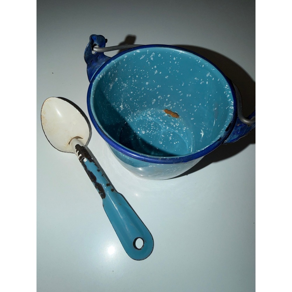 Vintage Blue Speckled Enamelware Small Bucket and Spoon Set Primitive Farmhouse